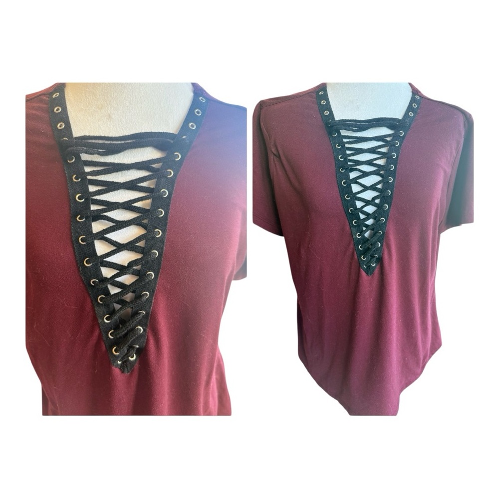 Rue21 Red Plunge V-Neck Short Sleeve T-Shirt with Cut Out